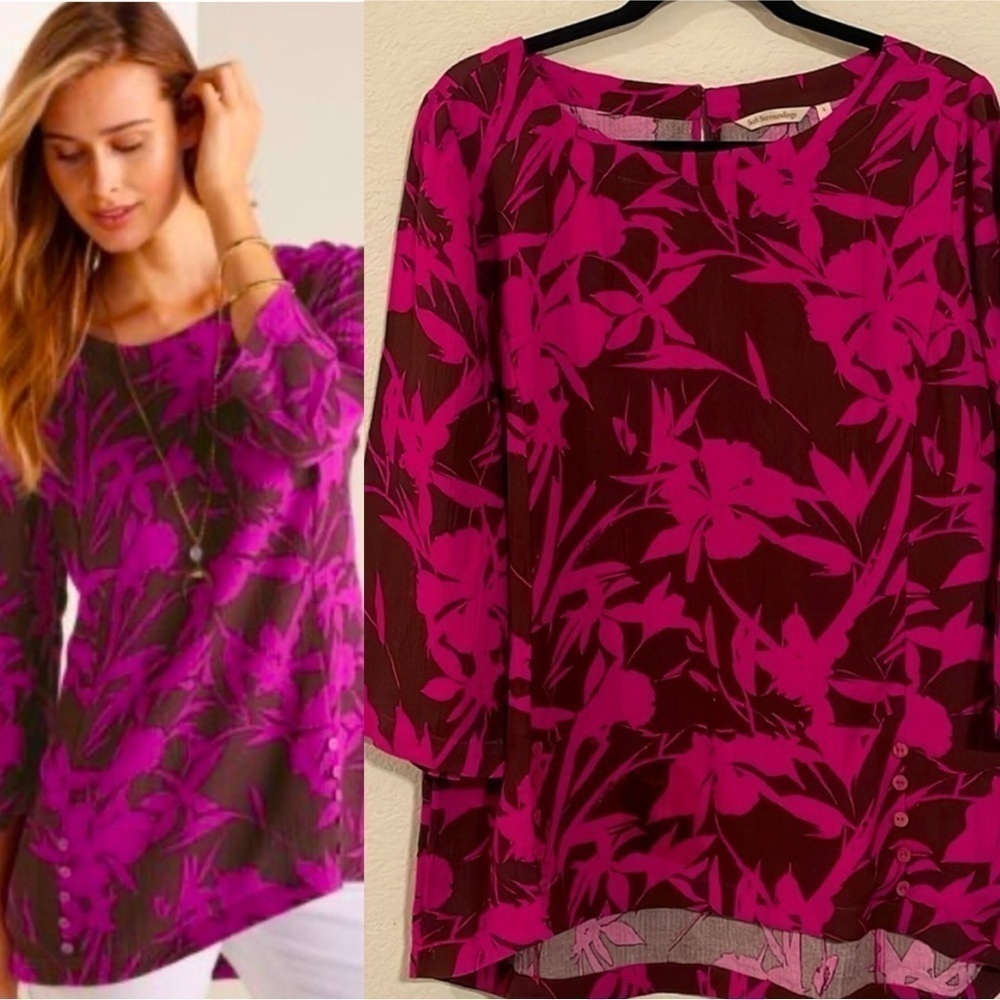 Soft Surroundings Women Tunic Top Large Pink Brown Longline Floral Contemporary